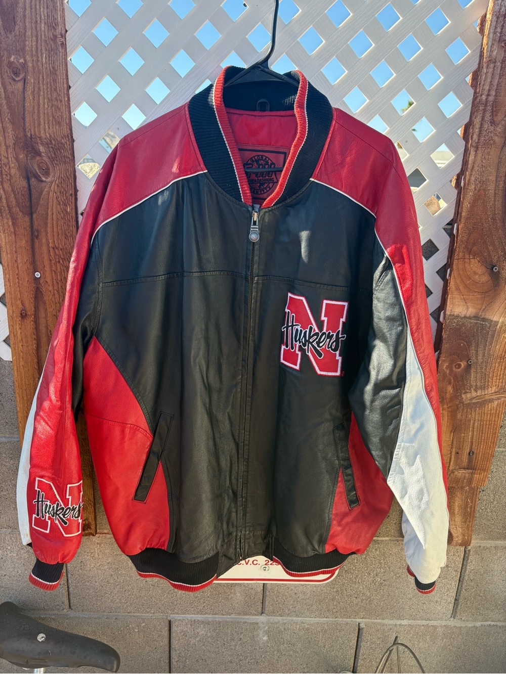 Men's Red & Black Leather Bomber Jacket with Huskers Patch